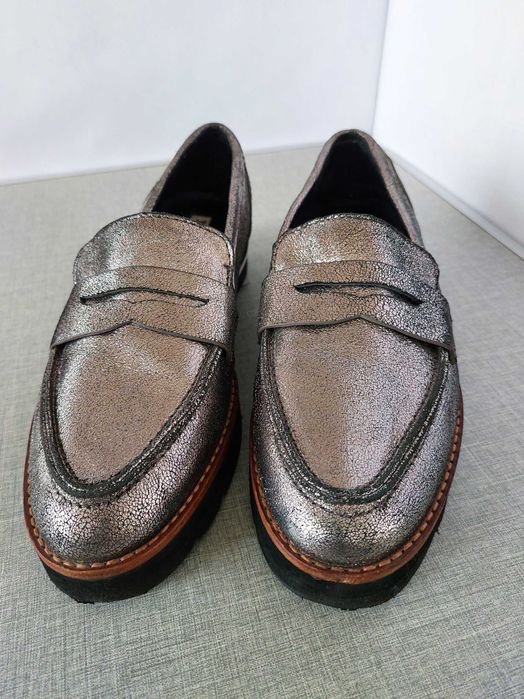Femme Dune London Mocassins Argent Cuir 38