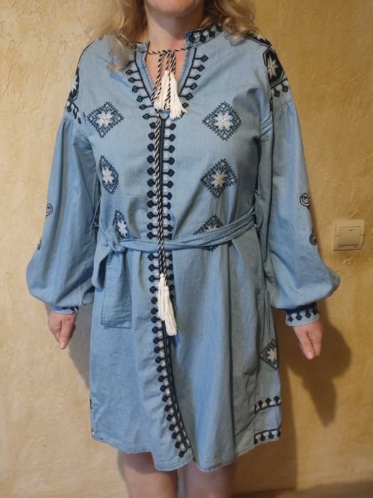 Женское Вышиванка Платье Голубое Хлопок 38