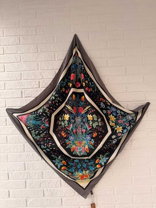 Unisexe Écharpe Florale Noire Soie 90/90cm