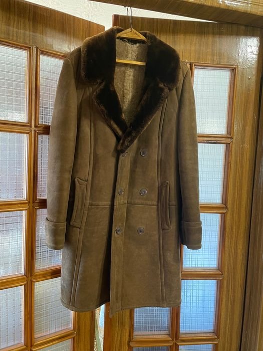 Uomo Cappotto in Pelle di Pecora Retro Marrone 42