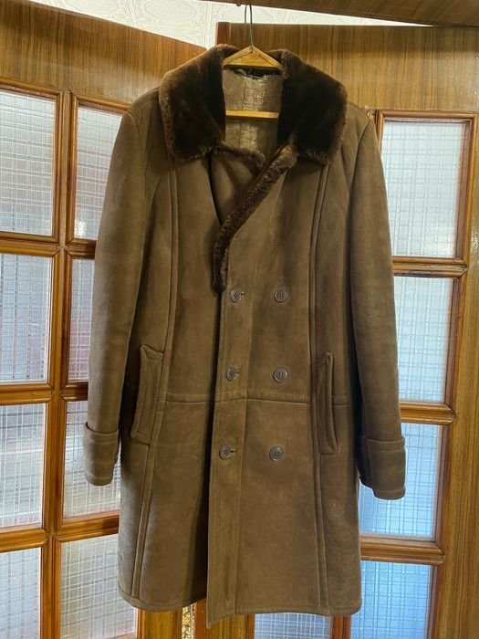Uomo Cappotto in Pelle di Pecora Retro Marrone 42