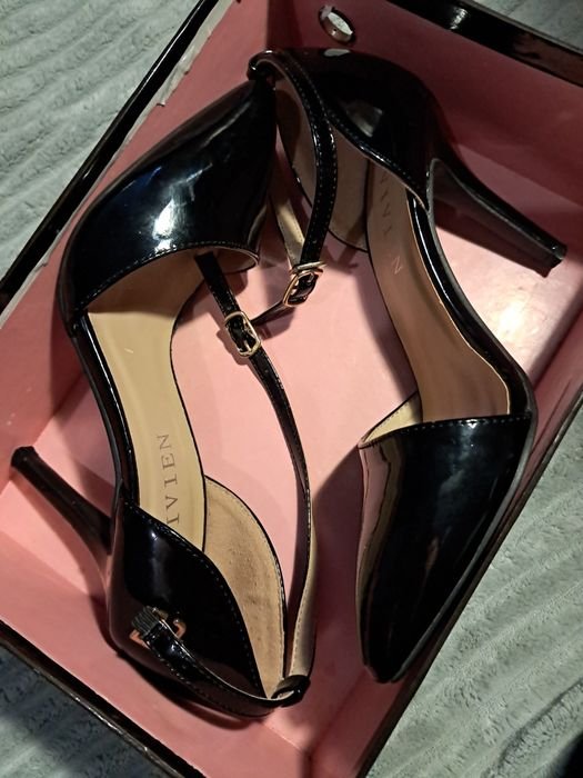 Women Heels Black Faux Leather 35.5