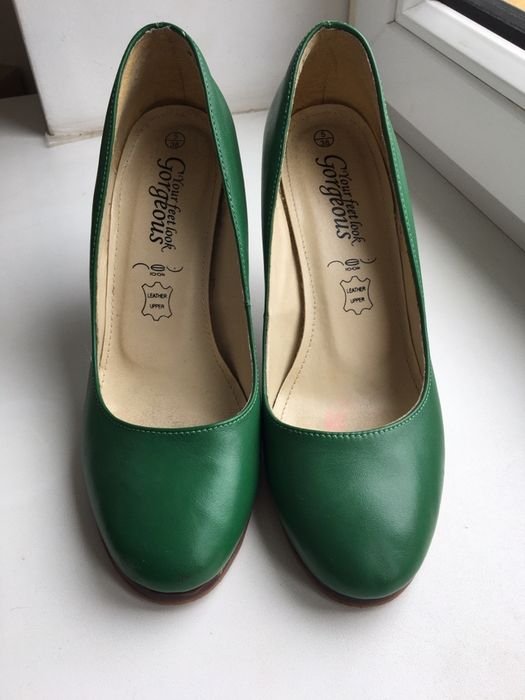 Women Heels Green Leather 38