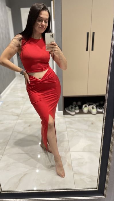 Femme Rylan Deux Pièces Rouge Costume Jupe Top XS