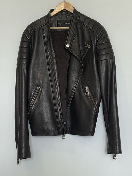 Men Versace Jacket Black Leather 40
