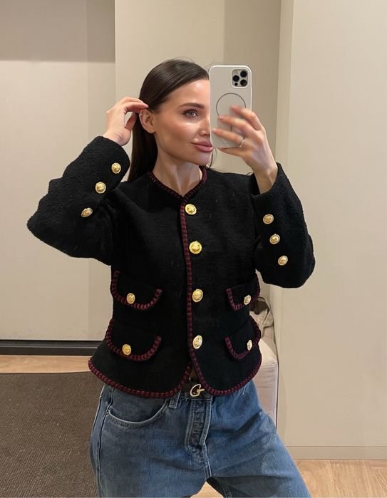 Femme Veste en Tweed Noir Laine 36