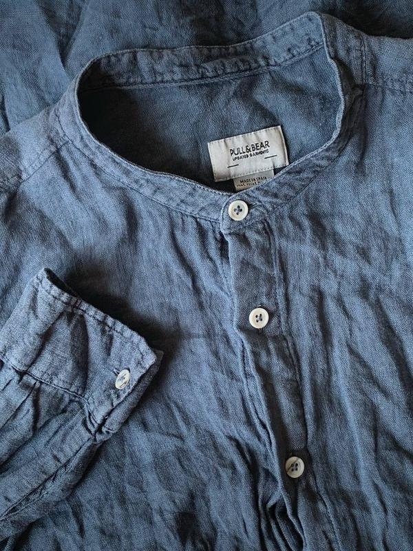 Herren Pull&Bear Hemd Marineblau Leinen 40 /L / 48