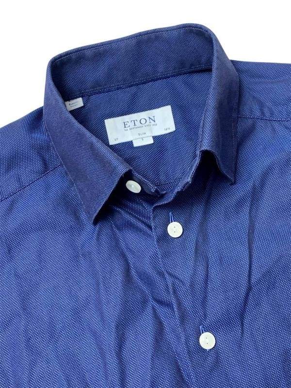 Men Eton Shirt Navy Cotton 34 / XS / 42