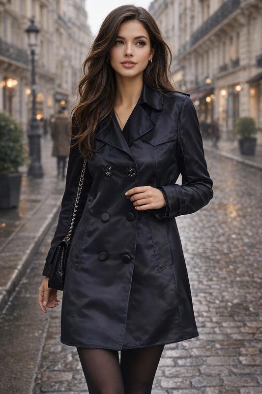 Femme Lanvin Trench Coat Noir Satin 38 / M / 46