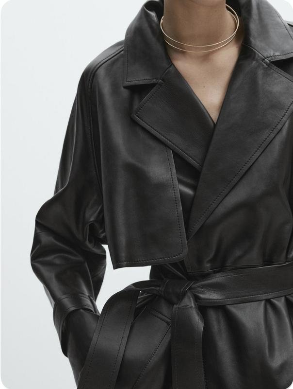 Женский Massimo Dutti Тренч Чёрный Кожа S