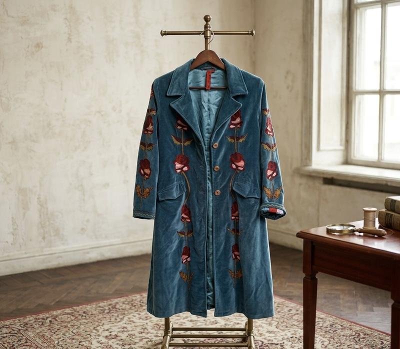 Femme Manteau Vintage Turquoise Velours S