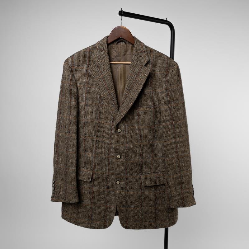 Men Harris Tweed Blazer Brown Wool M-L