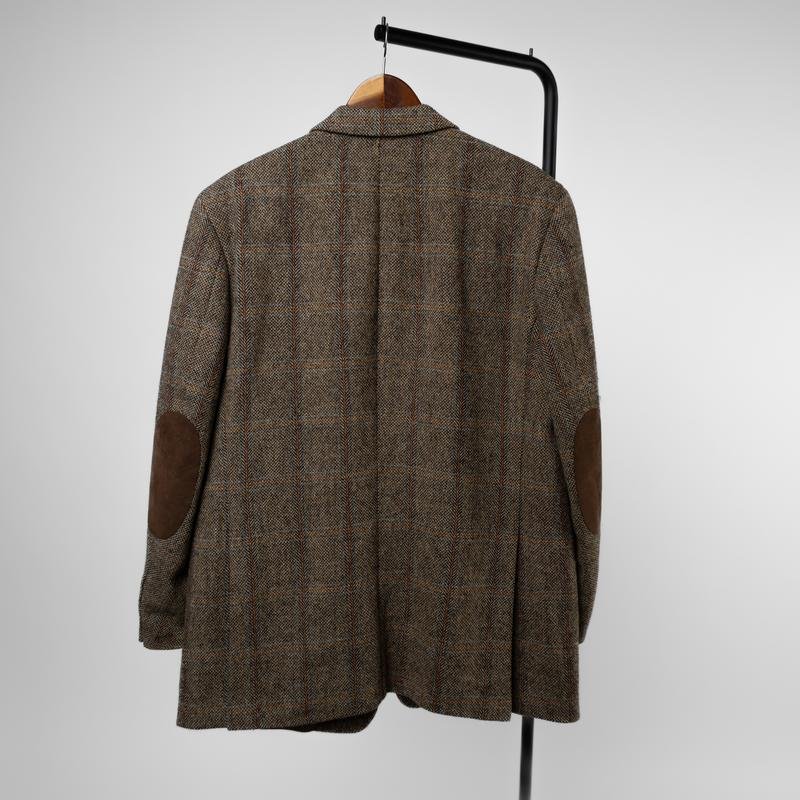 Men Harris Tweed Blazer Brown Wool M-L