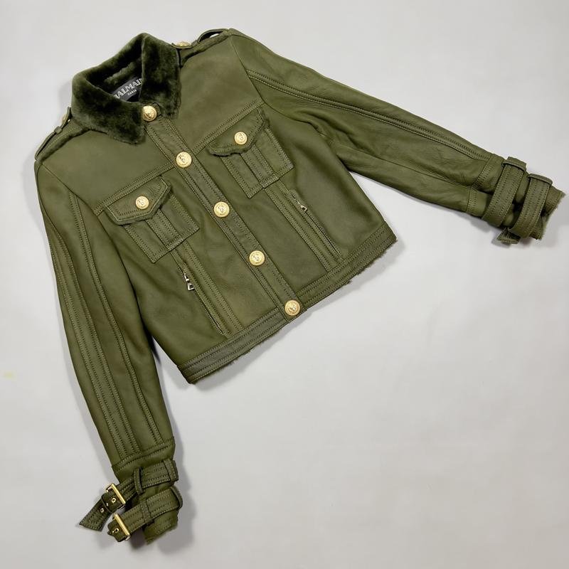 Women Balmain Coat Khaki Leather S