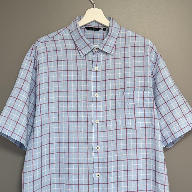 Herren Boden Hemd Blau Rosa Karos Leinen L