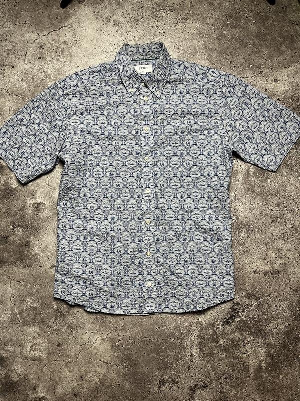 Men Eton Shirt Navy Cotton M