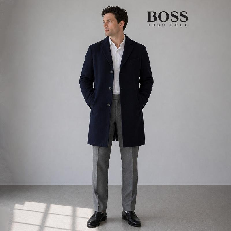 Herren Boss Mantel Marineblau Wolle XL